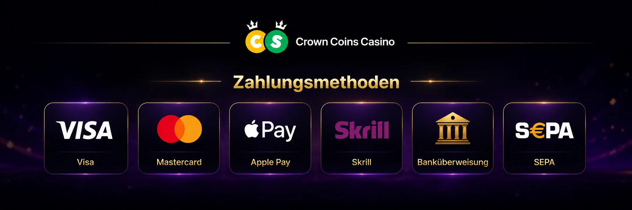 Zahlungsmethoden bei CrownCoins: Visa, Mastercard, Apple Pay, Skrill, Banküberweisung, SEPA