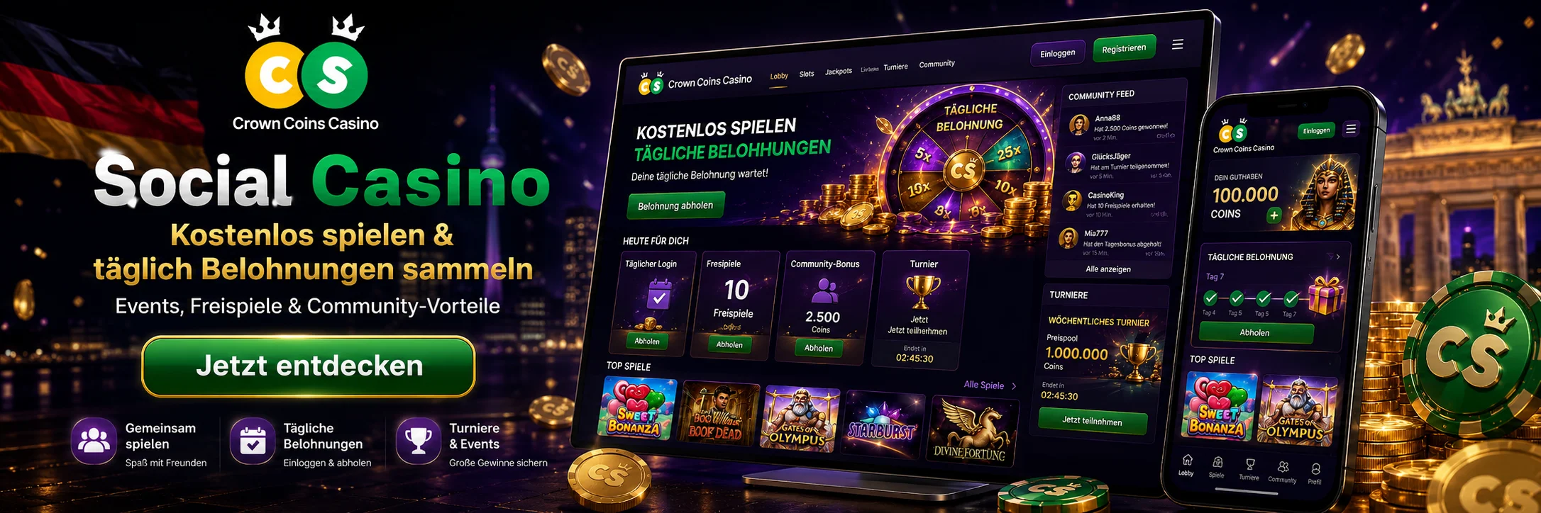 Social Casino bei CrownCoins — kostenlos spielen und tägliche Belohnungen sammeln